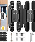 Invisible Door Slick Hidden Hinge Set Lipshome 7 Inch Concealed Hinges for Invisible Doors with 180 Degree Swing and 3 Way Adjustable Butt Hinge Pack of 2 Black, shown with installation hardware and a door opening.