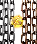 Comparison between silver and bronze chain links with a VS symbol.