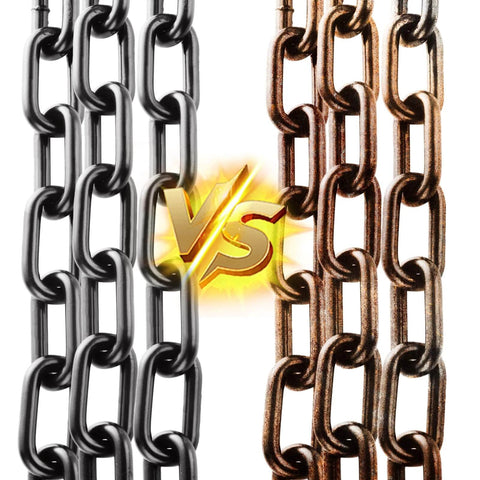 Comparison between silver and bronze chain links with a VS symbol.