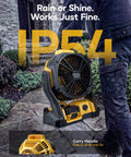 Cordless Jobsite Camping Fan Compatible With DeWalt 20V Max Battery LED Lights Adjustable Speed 1300 To 2200 RPM Hanging Hook Battery Not Included Corded Option Black shown in outdoor setting with IP54 rating