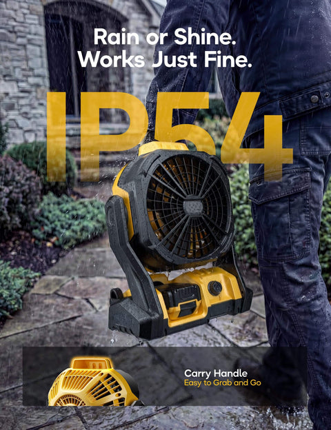 Cordless Jobsite Camping Fan Compatible With DeWalt 20V Max Battery LED Lights Adjustable Speed 1300 To 2200 RPM Hanging Hook Battery Not Included Corded Option Black shown in outdoor setting with IP54 rating