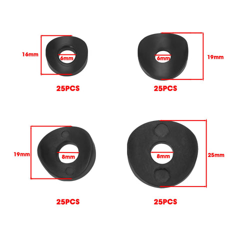 100 Pieces Black Plastic Curved Washers Set For Round Tubes M6 And M8 With PE Spacer Sleeves Includes 16mm M6 Curved Washers 19mm M6 Curved Washers 19mm M8 Curved Washers And 25mm M8 Curved Washers For Furniture Feet And Tube Fixing, showing four sizes.