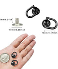 40 Pcs D Ring Stud Screw Set With Rotatable Ball Post Heads, black tin alloy, 10mm and 12mm sizes, shown next to a hand for scale.