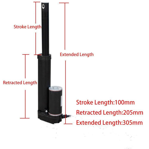 1000N DC linear actuator outdoor with 4-inch stroke, showing retracted and extended lengths, black aluminum housing, IP54, 12V DC power.