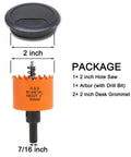 Two Piece 2 Inch Desk Grommets With Hole Saw And Arbor For Cable Management Black, including dimensions and package details