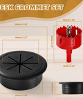 Desk Grommet 2 Inch (50 mm) 8 Pieces, Desk Hole Cover for Cables Black, ABS Plastic Grommet with Hole Saw, dimensions listed.