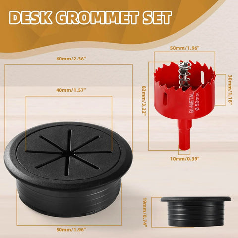 Desk Grommet 2 Inch (50 mm) 8 Pieces, Desk Hole Cover for Cables Black, ABS Plastic Grommet with Hole Saw, dimensions listed.