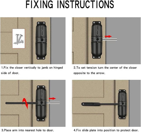 Fixing instructions for Safety Spring Door Closers, Adjustable Closing Hinge, Automatic Stopper Fire Rated, Convert Hinged Doors to Self Closing - Black.