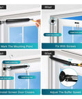 Installation steps for 2 Pack Black Screen Door Closers, Heavy Duty Storm Door Closer Set With Adjustable Pneumatic Cushion.