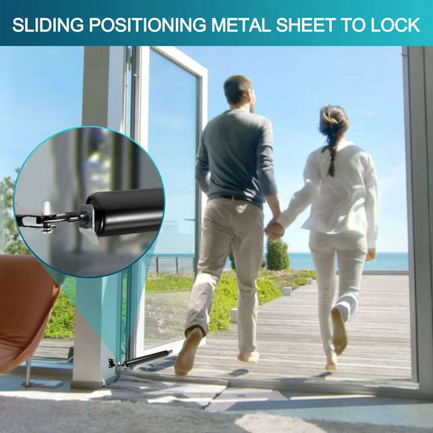 Couple walking through door with focus on 2 Pack Black Screen Door Closers, Heavy Duty Storm Door Closer Set With Adjustable Pneumatic Cushion.