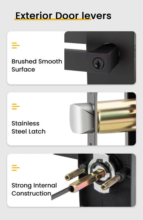 Close-up of Matte Black Exterior Front Door Lock Set With Deadbolt Square Contemporary Design, highlighting brushed finish and steel latch.