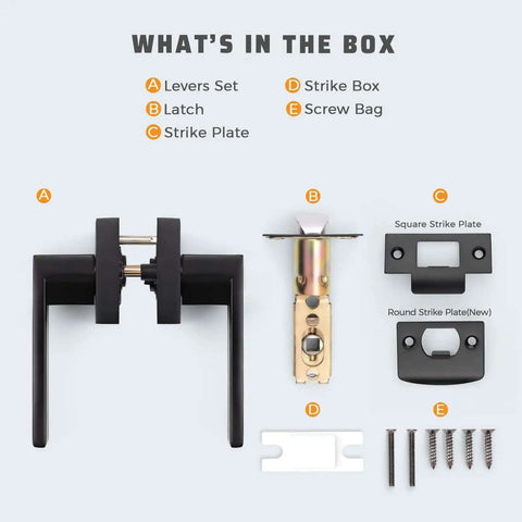 What's included in the 6 Pack Black Interior Door Handles set: levers, latch, strike plate, strike box, screw bag for passage function.