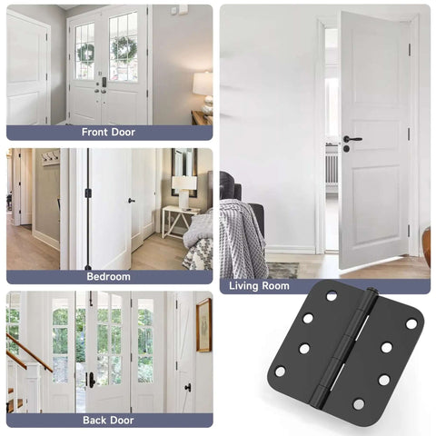 12 Pack 4 Inch Matte Black Exterior Door Hinges With Five Eighths Radius and Square Corners installed on various doors