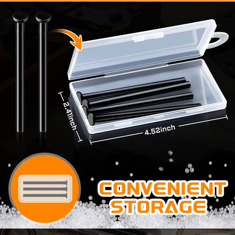 Six Pack Three Point Five Inch Hinge Pins For Doors in black finish shown in storage case with size dimensions for easy repair.