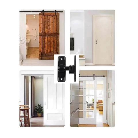 Upgrade heavy duty flip door latch that adapts from 90 to 180 degrees, shown installed on various doors in different settings.