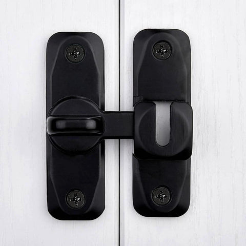 Barn Door Latches,Black 90/180 Degree Gate Lock, close-up of zinc alloy right angle door lock latch on white wooden door.
