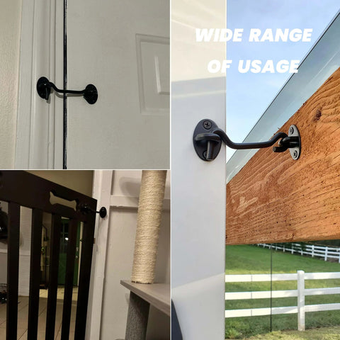 2 Pack 6'' Door Latch Door Lock Hardware, 6'' Hook and Eye Gate Latch shown on door, gate, and cabinet with black finish.