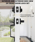 Side view of Matte Black Double Front Door Lock Set with Reversible Lever Handle and Dummy Exterior for left and right handed doors.