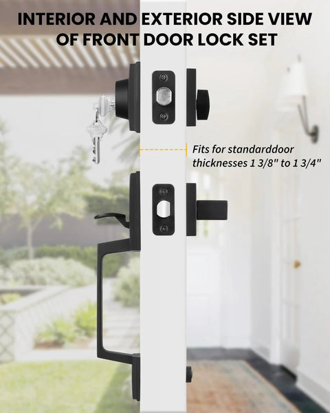 Side view of Matte Black Double Front Door Lock Set with Reversible Lever Handle and Dummy Exterior for left and right handed doors.