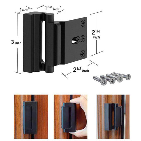 Two Pack Door Reinforcement Locks add security by reinforcing entry doors against forced openings, withstand up to 800 lbs, are childproof for toddlers, and install quickly with eight screws for homes and apartments, black lock with installation view.