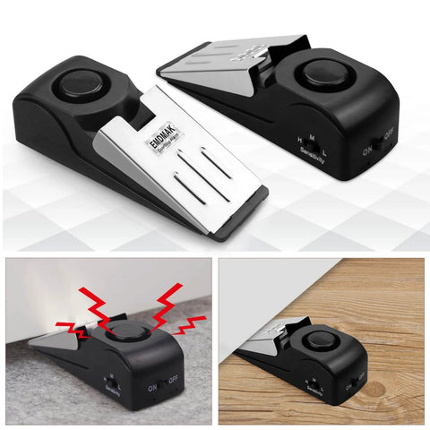 Door Stop Alarm with 120DB Siren Door Stop for Home & Travel (Black) (Pack of 2), side view showing black and silver design