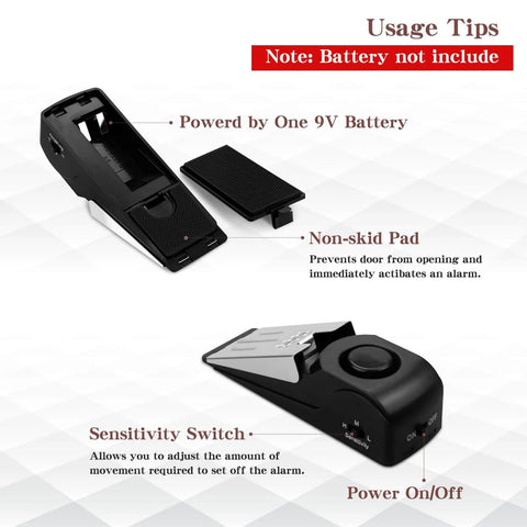 Door Stop Alarm with 120DB Siren Door Stop for Home & Travel (Black) (Pack of 2), showing non-skid pad and sensitivity switch