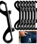 Eight Piece Set Of Double Ended Snaps 3.5 Inch Zinc Alloy Heavy Duty Bolt Snap Trigger Clips, black finish, shown attached to jeans.