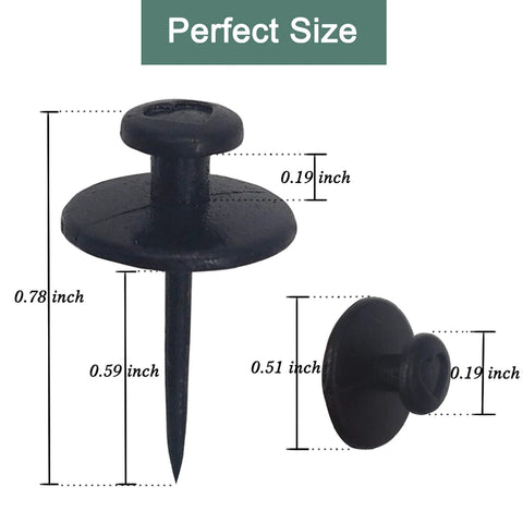 Close-up of black double-headed push pins with measurements, illustrating 30 Pack Double Headed Push Pins Picture Hangers And Wall Hooks For Drywall And Cork Board