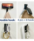 Adhesive Wall Hook 4 Pack Heavy Duty Holds Up To 13 Pounds With Double Hook Design Peel And Stick Mount No Drilling For Coats Towels In Bathrooms Bedrooms Kitchens RVs And Entryways Black showing multiple uses