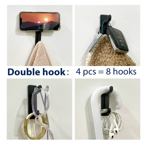 Adhesive Wall Hook 4 Pack Heavy Duty Holds Up To 13 Pounds With Double Hook Design Peel And Stick Mount No Drilling For Coats Towels In Bathrooms Bedrooms Kitchens RVs And Entryways Black showing multiple uses