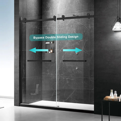Milano Double Sliding Framed Shower Door, 60 Inch Wide By 74 Inch High, 8mm Clear Tempered Glass installed in modern bathroom
