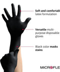 Person wearing Black Dragon 6mil Disposable Latex Gloves for Food Processing and Automotive, highlighting comfort and stain-masking features.