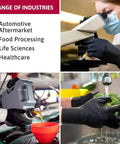 Black Dragon 6mil Disposable Latex Gloves used in lab work, automotive oil changing, and food rinsing applications