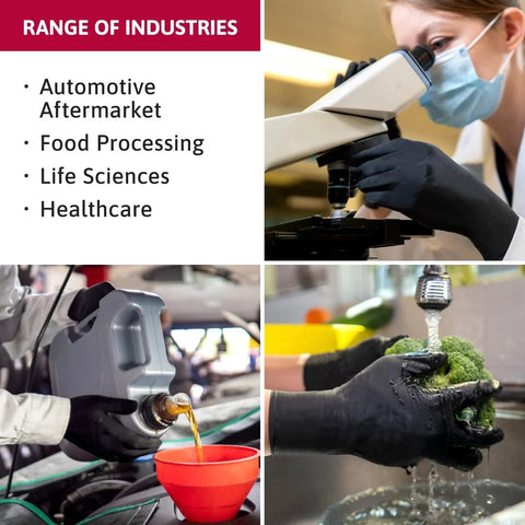 Black Dragon 6mil Disposable Latex Gloves used in lab work, automotive oil changing, and food rinsing applications