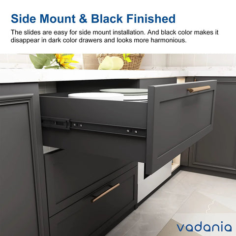 14 Inch Soft Close Drawer Slide With Full Extension For Dresser And Kitchen Cabinets, Black Finish, Installed On Kitchen Drawer