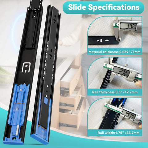 Push To Open Soft Close Drawer Slides Set 1 Pair Two Thirds Full Extension Side Mount Ball Bearing Runners Black Finish Details