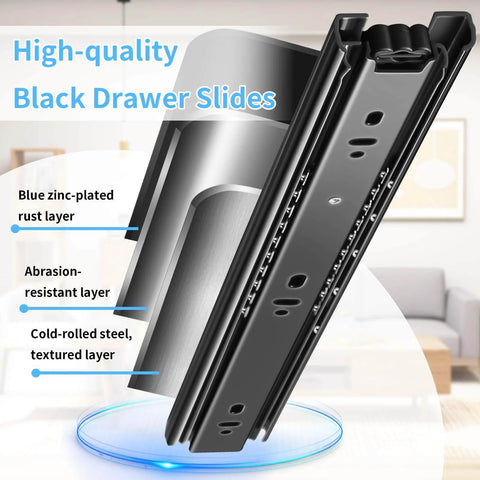 Drawer Slides 1 Pair Full Extension 10 12 14 16 18 20 22 24 inch Side Mount Rails Dresser Cabinet Bracket Replacement Ball Bearing Tracks Guide Metal Runner 100 LB (Basic-1 Pair, 12 Inch) showing layers of black, cold-rolled steel