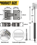 Drop Down Gas Struts with 90 Degree Page Turning Axis, dimensions and components, black zinc alloy, 100N/22LBS, for cabinets and desks