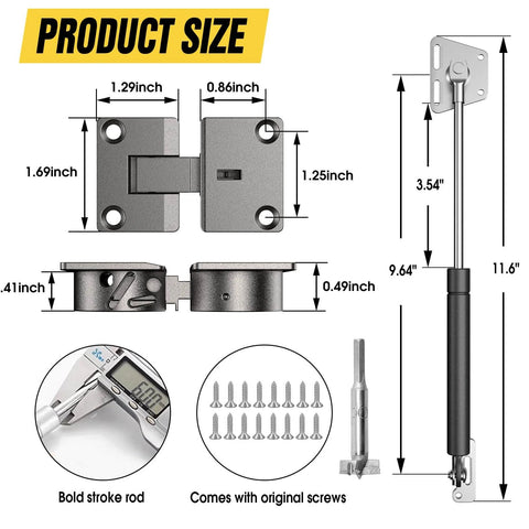 Drop Down Gas Struts with 90 Degree Page Turning Axis, dimensions and components, black zinc alloy, 100N/22LBS, for cabinets and desks