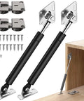 Drop Down Gas Struts,Gas Spring Hinge,for Cabinet and Desk Downward Flap Slowly Down,with 90 Degree Page Turning Axis,Only Open Down The Door (Black-2PCS) with mounting screws and hinge installation kit, shown with cabinet in use.