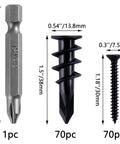 140pcs Black Self Drilling Drywall Anchors Kit with #8 Flat Head Screws, showing dimensions of anchors and screws