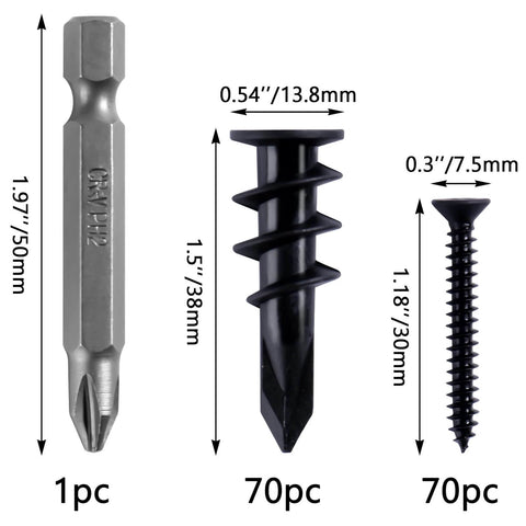 140pcs Black Self Drilling Drywall Anchors Kit with #8 Flat Head Screws, showing dimensions of anchors and screws