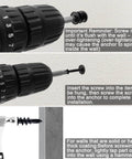 140pcs Black Self Drilling Drywall Anchors Kit with #8 Flat Head Screws in use; drill securing screw into anchor.