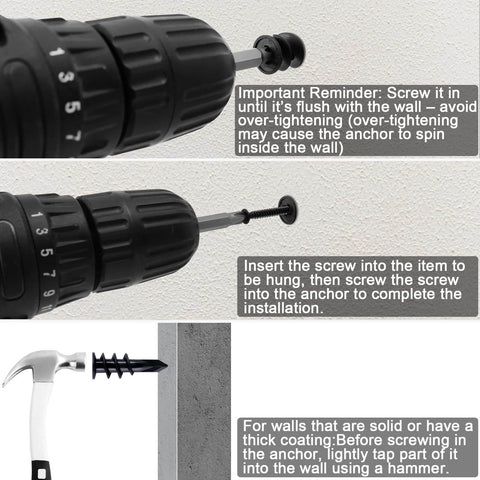 140pcs Black Self Drilling Drywall Anchors Kit with #8 Flat Head Screws in use; drill securing screw into anchor.