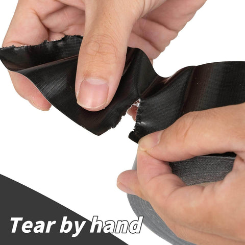 Hands tearing 4 Inch Black Duct Tape Pack Of 4, Heavy Duty 220 Yards, 8.3 Mil Thick, Waterproof Backing, Tear By Hand, No Residue