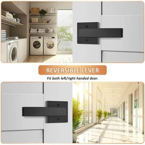 4 Pack Black Dummy Door Levers For Non Turning Interior Doors installed on white doors with reversible handle feature