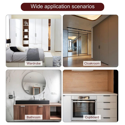 Wide application scenarios for Two Pack 150mm Cabinet Edge Finger Pulls in wardrobe, cloakroom, bathroom, and cupboard.