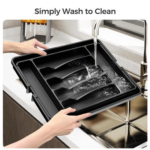 Expandable Extra Large Silverware Organizer For Deep Kitchen Drawers With Two Adjustable Panels BPA Free Food Safe Plastic being washed