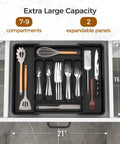 Expandable Extra Large Silverware Organizer For Deep Kitchen Drawers With Two Adjustable Panels BPA Free Food Safe Plastic For Spoons Forks And Knives Black No Assembly Needed Unfolds To Fit Most Drawers Keeps Flatware Neatly Separated