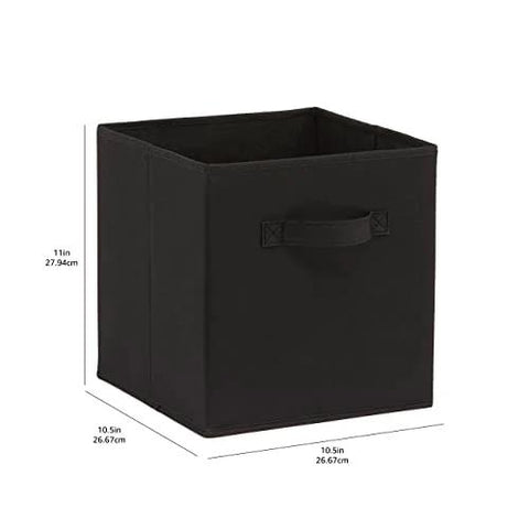 Black collapsible fabric storage bin with sturdy handle for closets, shelves, and offices, size 10.5 x 10.5 x 11 inches.